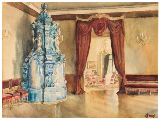 Parlor with a blue tiled stove by Walter Gay