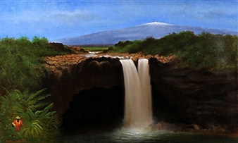 Waianuenue Falls (Rainbow Falls) with Mauna Kea in the Distance - George Stratemeyer
