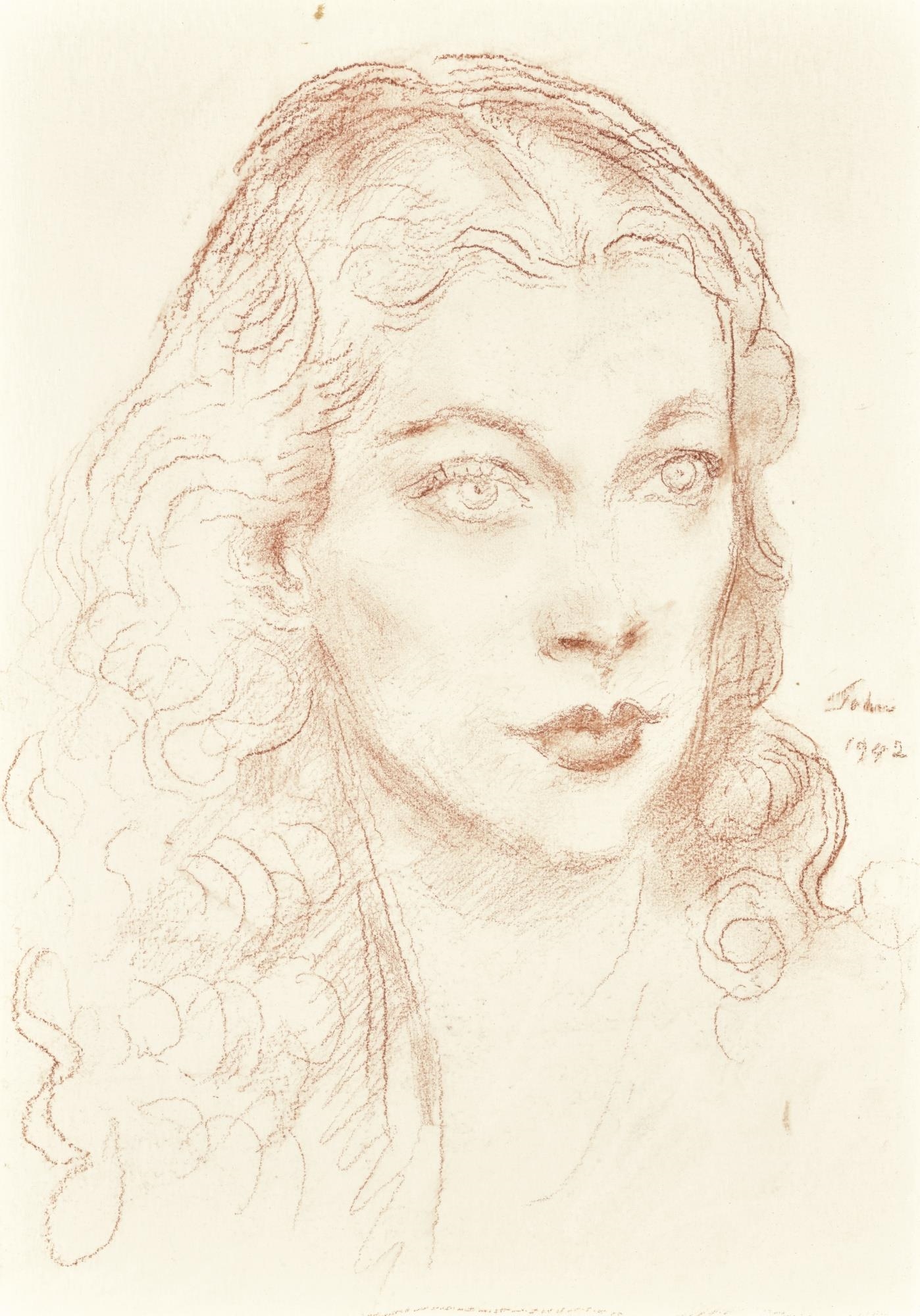 Artwork by Augustus Edwin John, STUDY FOR PORTRAIT OF VIVIEN LEIGH, Made of red chalk on paper