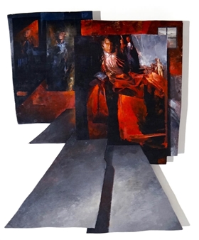 A dramatic, layered composition featuring a central figure in red against dark backgrounds.