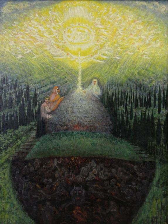 Artwork by Sarah Haney, Dante's Divine Comedy: Hell, Prugatory, and Heaven, Made of Oil on canvas