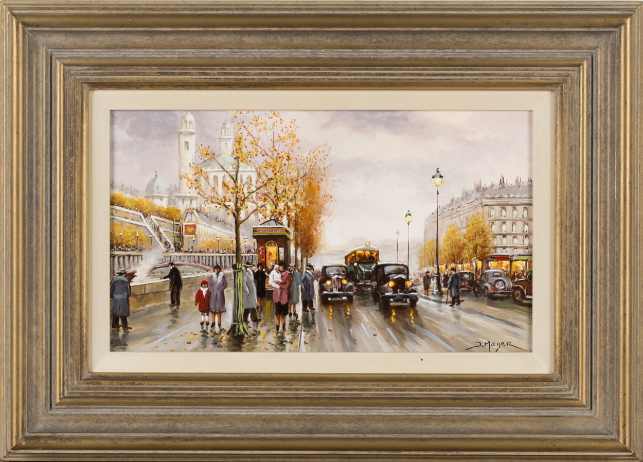 Artwork by J. Meyer, 3 Works: Street Scenes, Made of oils on board
