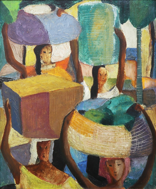 Artwork by Anita Magsaysay-Ho, Four Women, Made of oil on wood