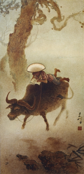 READING WHILE RIDING by Lee Man Fong, 1975