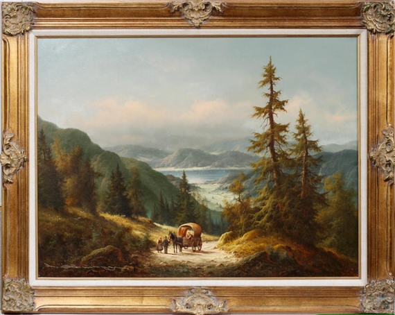 Mountain Landscape wit Horse Drawn Wagon by Ludwig Muninger