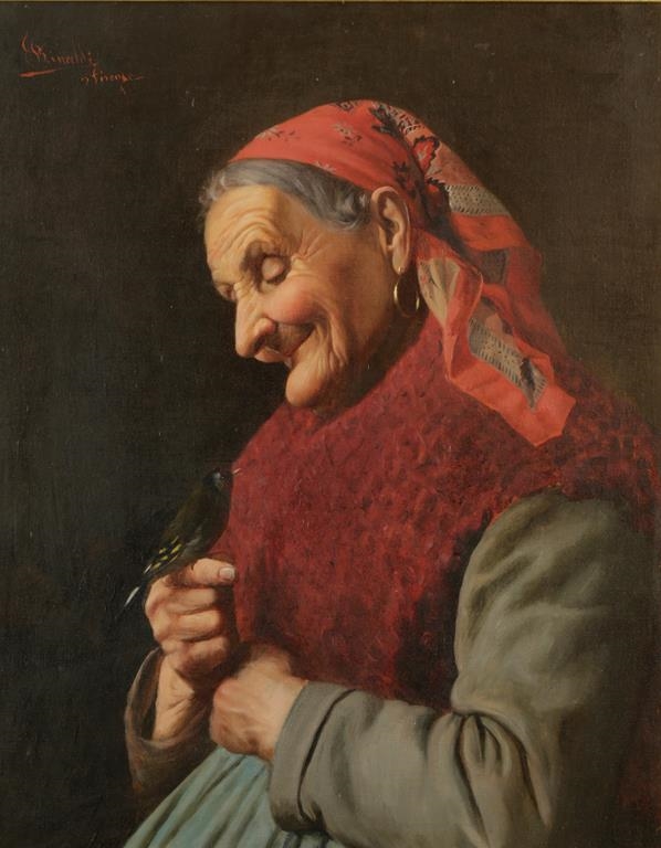 Artwork by Claudio Rinaldi, A half-length portrait study of an elderly lady, Made of oil on canvas