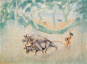 Sawah in the rain with herder and buffalo - Pierre Jan Apol