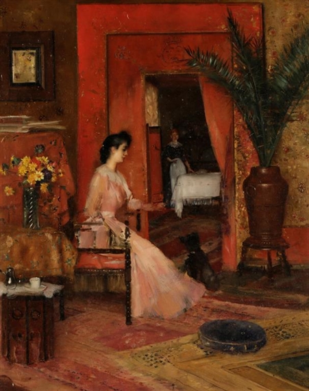 A woman seated in an interior, her dog at her feet while they made works in the next room by Maurice Bompard