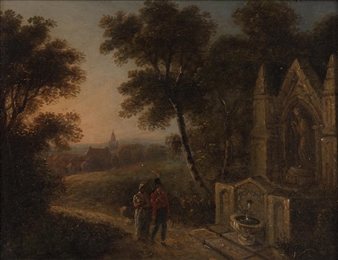 Couple Strolling by a Roadside Shrine - European School, 19th Century