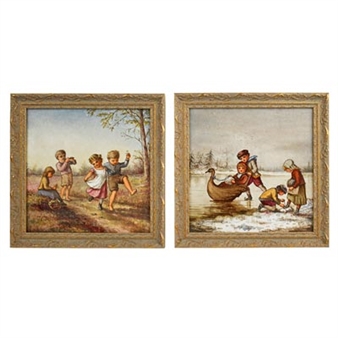 Two tiles with scenes of children at play in winter and summer - Linnie Watt