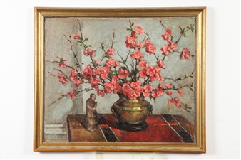 STILL LIFE WITH CHERRY BLOSSOMS IN BRASS VASE WITH ORIENTAL FIGURE - Fannie S. Eanes