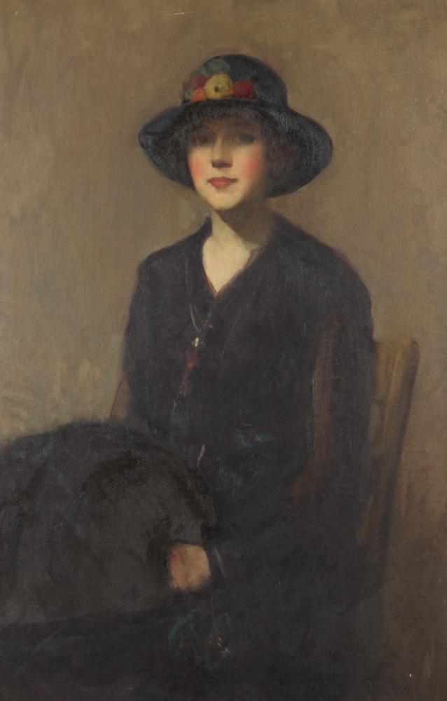 PORTRAIT OF WOMAN WITH FLORAL HAT by American School, 20th Century