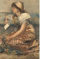 Jeune femme assise à la lettre by Giacomo Favretto