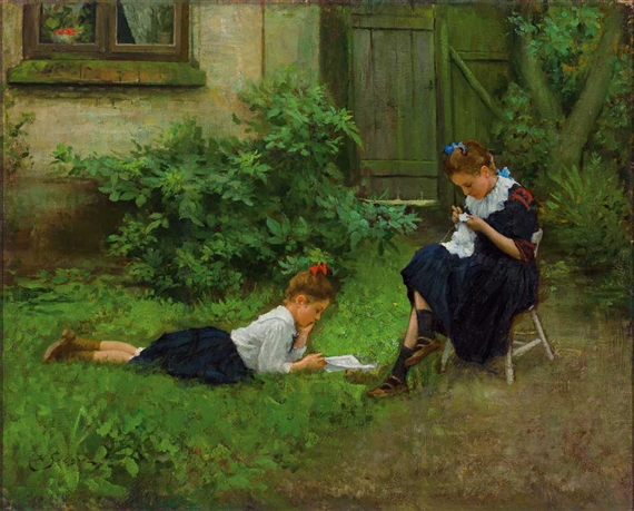 Zwei reizende kleine Mädchen im Garten beim Lesen und Sticken by Hermann Seeger