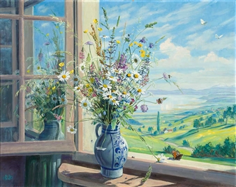 Wiesenblumenstrauß auf Fensterbank mit Blick auf den Genfer See - Hermann Werner