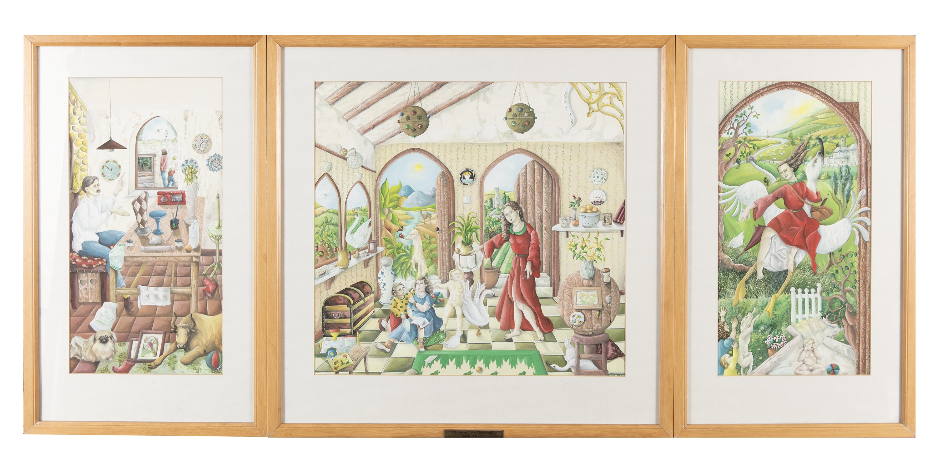 Artwork by Joan Mellon, Three Works: Sometimes I Wish I Had Wings, Made of Triptych, gouache, central panel