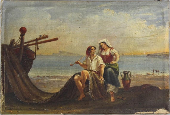 FISHERMAN AND WIFE BY THE SHORE by Nicolino Vicompte Calyo, 1878