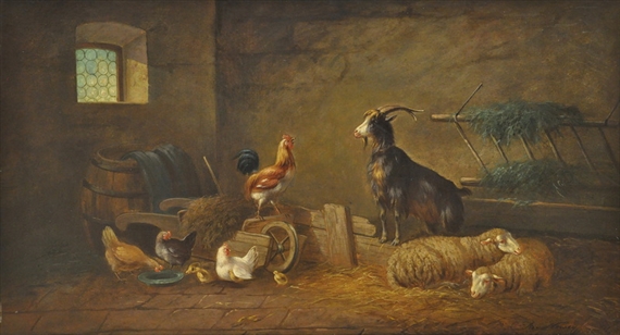 Stallinterieur mit Ziegenbock, Schaf und Hühnern by Adolf Nowey