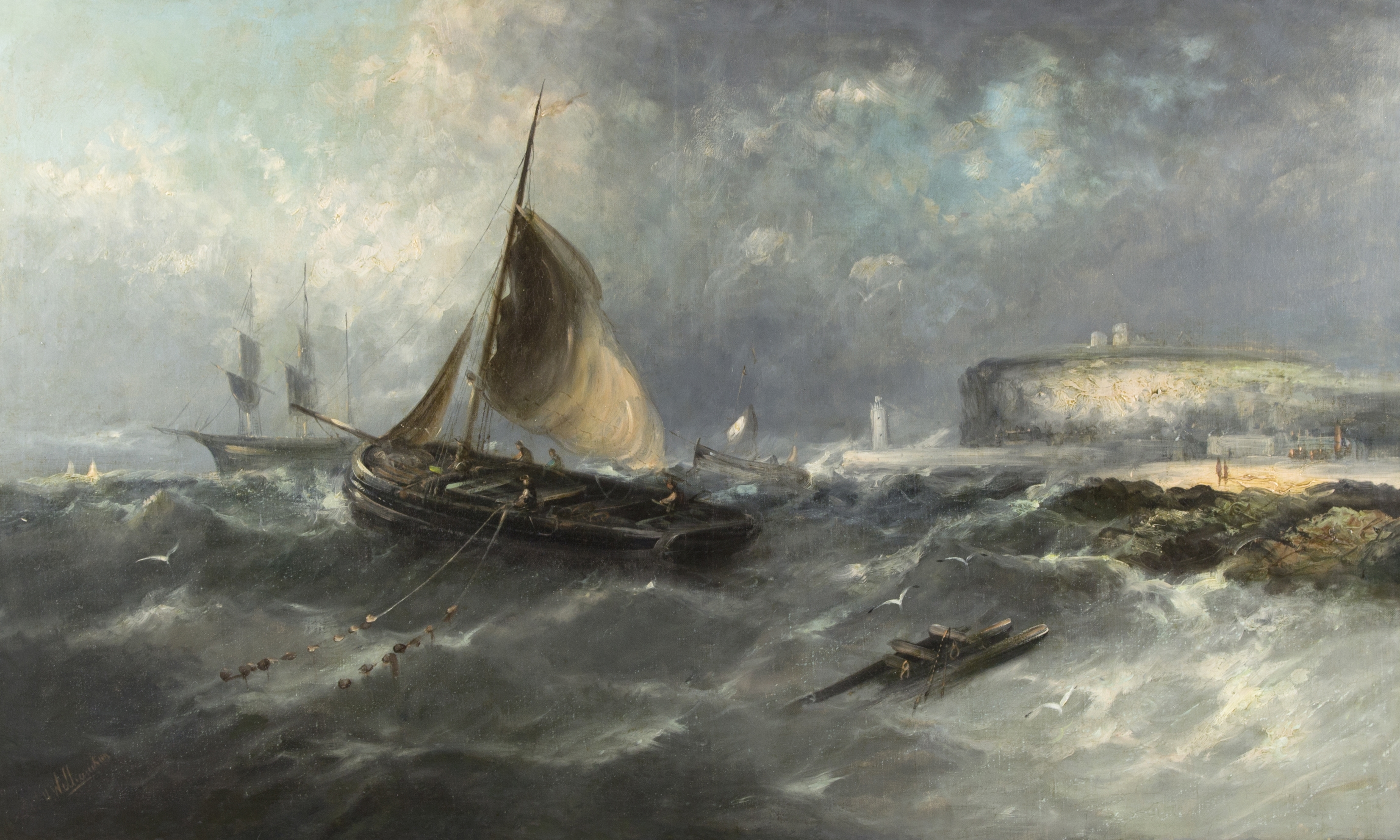 Artwork by W. H. Williamson, Fishing Vessels off Whitby with rough seas and stormy skies, Made of oil on canvas