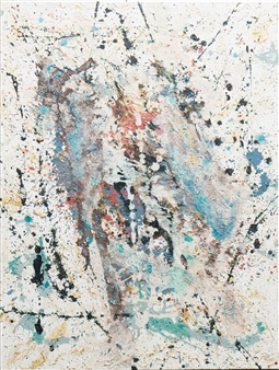 An abstract expressionist canvas featuring a chaotic, layered composition of splattered and dripped paint.