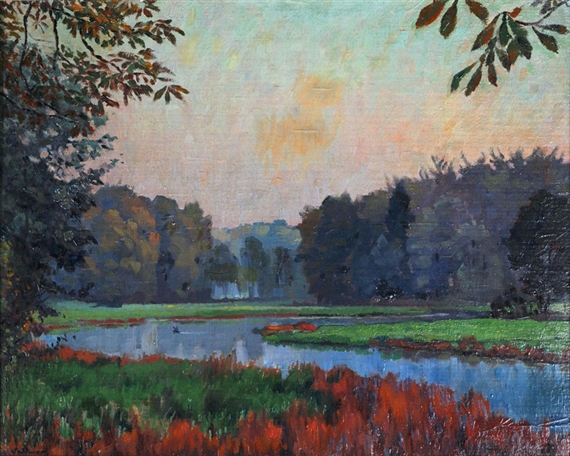 A serene landscape painting of a river at twilight with vibrant foreground foliage.