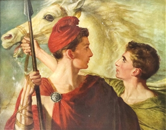 Half length portrait of two young men, one wearing a Phrygian cap and holding a spear, the other holding the bridle of a white stallion - Ida Verner