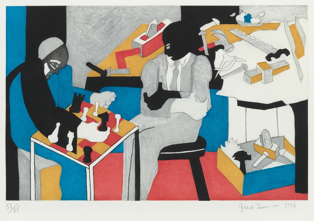 Artwork by Jacob Lawrence, Two Builders Playing Chess, Made of Color soft-ground etching with aquatint on Somerset paper