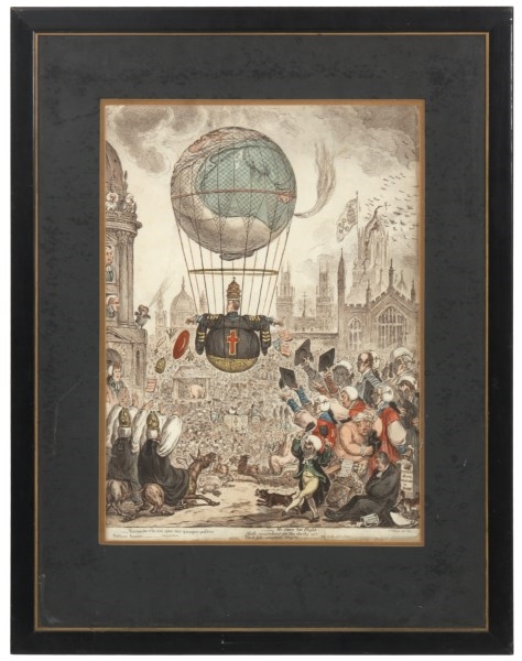 Artwork by James Gillray, An oversized church bishop attempting to take off in a hot air balloon, Made of Colored engraving