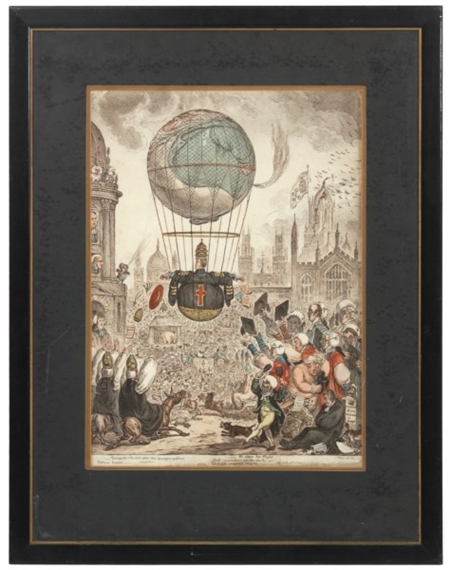 An oversized church bishop attempting to take off in a hot air balloon by James Gillray, circa 1810
