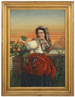Woman standing beside a wall with a basket of fruit - M. Ash