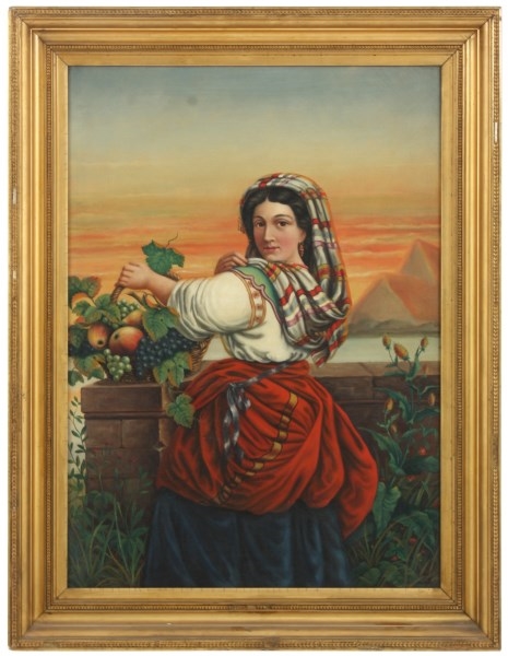 Artwork by M. Ash, Woman standing beside a wall with a basket of fruit, Made of Oil on canvas