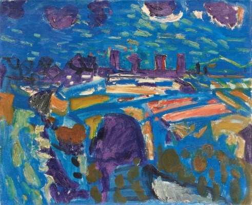Nachtlandschaft mit Gaswerk Schlieren Unterengstringen by Max Gubler, circa 1948