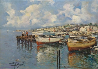 Ciro Canzanella 港の風景 油彩画 Ciro Canzanella 港の風景 油彩画 Ciro Canzanella 港の風景 油彩画