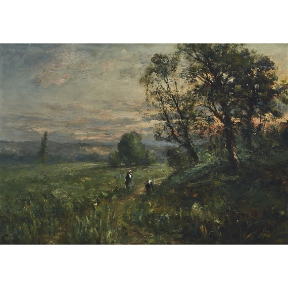 Lush Landscape with Children on Hillside at Sunset by Charles Wellington Boyle