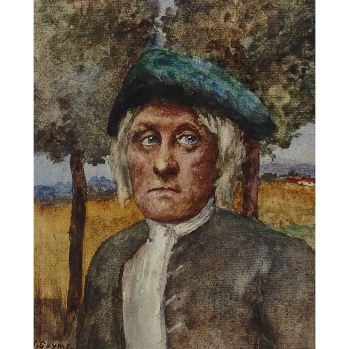 Artwork by Y. Sayms, Portrait of a Quaker?, Made of watercolour on paper laid down to board