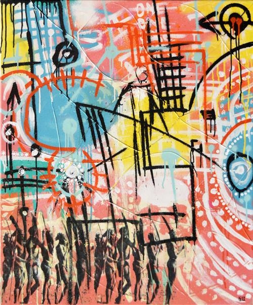 Artwork by INDO, Celebration, Made of mixed media on plywood