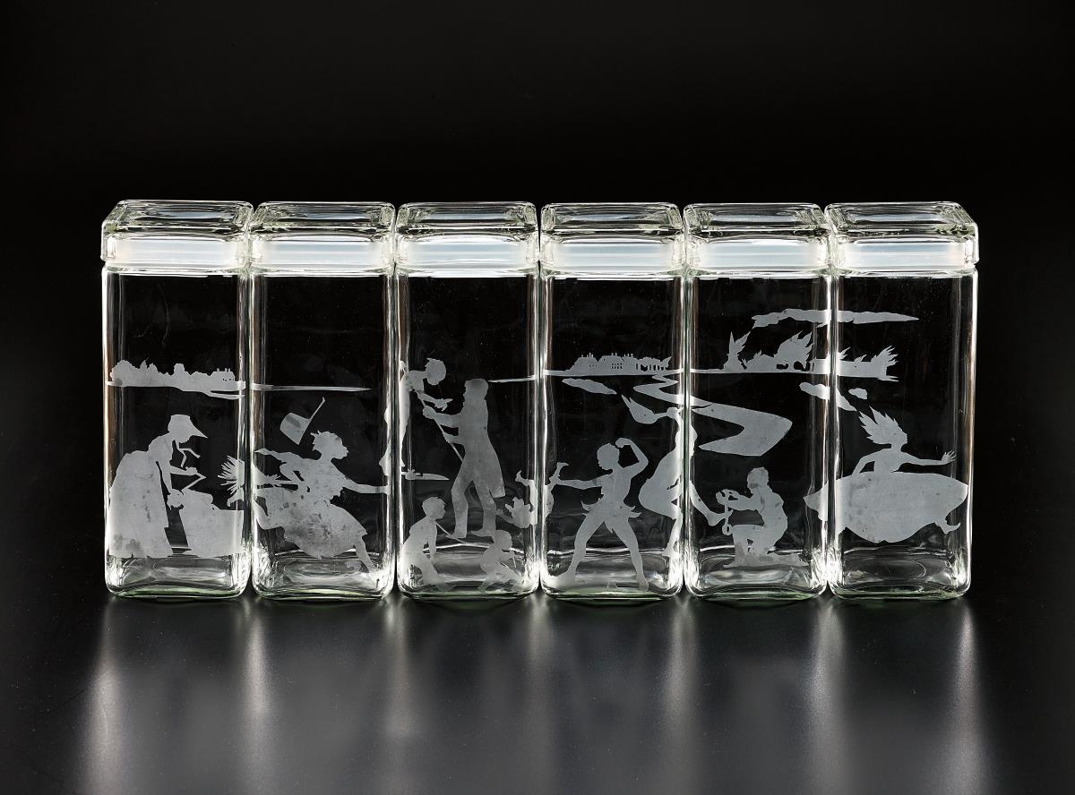 Artwork by Kara Walker, Untitled (Canisters), Made of The complete set of six etched glass canisters