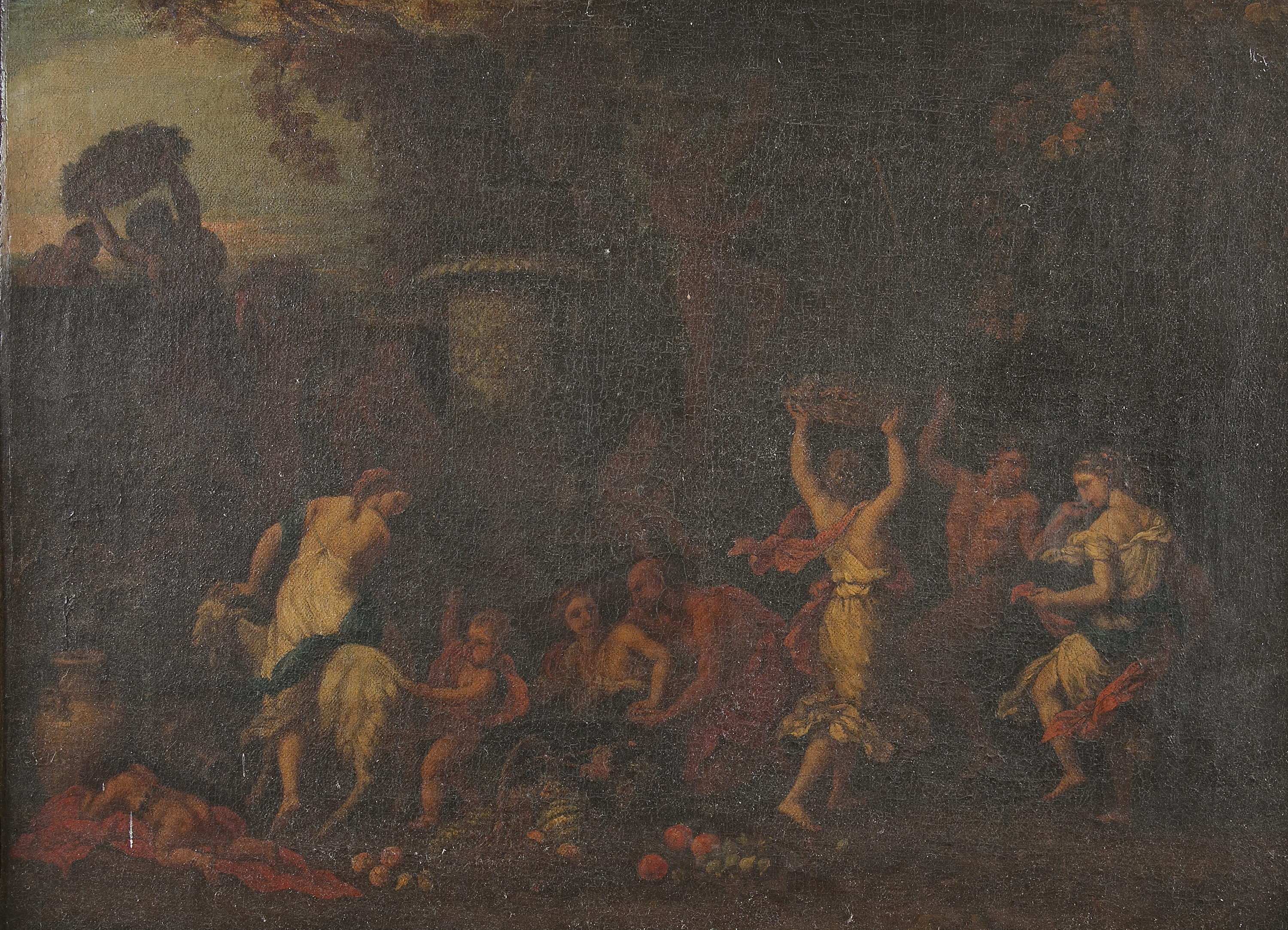 A Bacchanal, Revellers with Satyrs and Goat in a Landscape beneath a Classical Urn by Filippo Lauri
