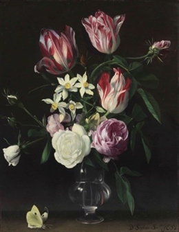 Roses, tulips, and narcissi in a glass vase, with a butterfly, on a ledge - Daniel Seghers