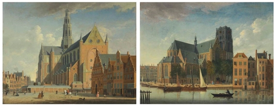 A view of the Grote Markt, Haarlem, from the northwest; and A view of the Sint-Laurenskerk, Rotterdam, from the northeast by Jan ten Compe, 1730