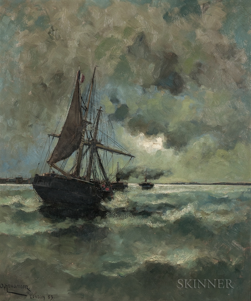 arvid-johansson-moonlight-sea-with-sailing-and-steam-vessels-1883