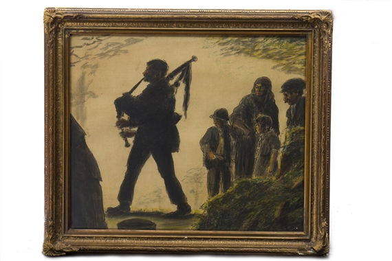 "A somber oil painting of a lone figure carrying a flag, watched by a group of figures in the background."