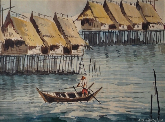 Original Signed Malaysian Watercolor A.B Ibrahim fisherman Hut Village