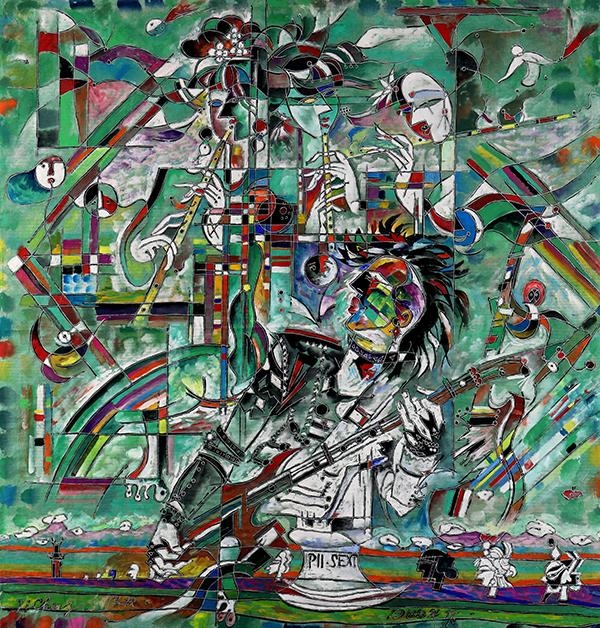 Artwork by Ji Cheng, Musicians, Made of gouache and silver metallic ink on paper