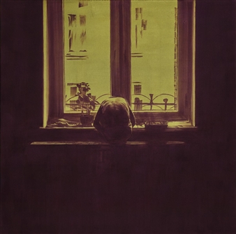 A solitary figure sits on a windowsill, head bowed in shadow against a yellow-lit city backdrop.