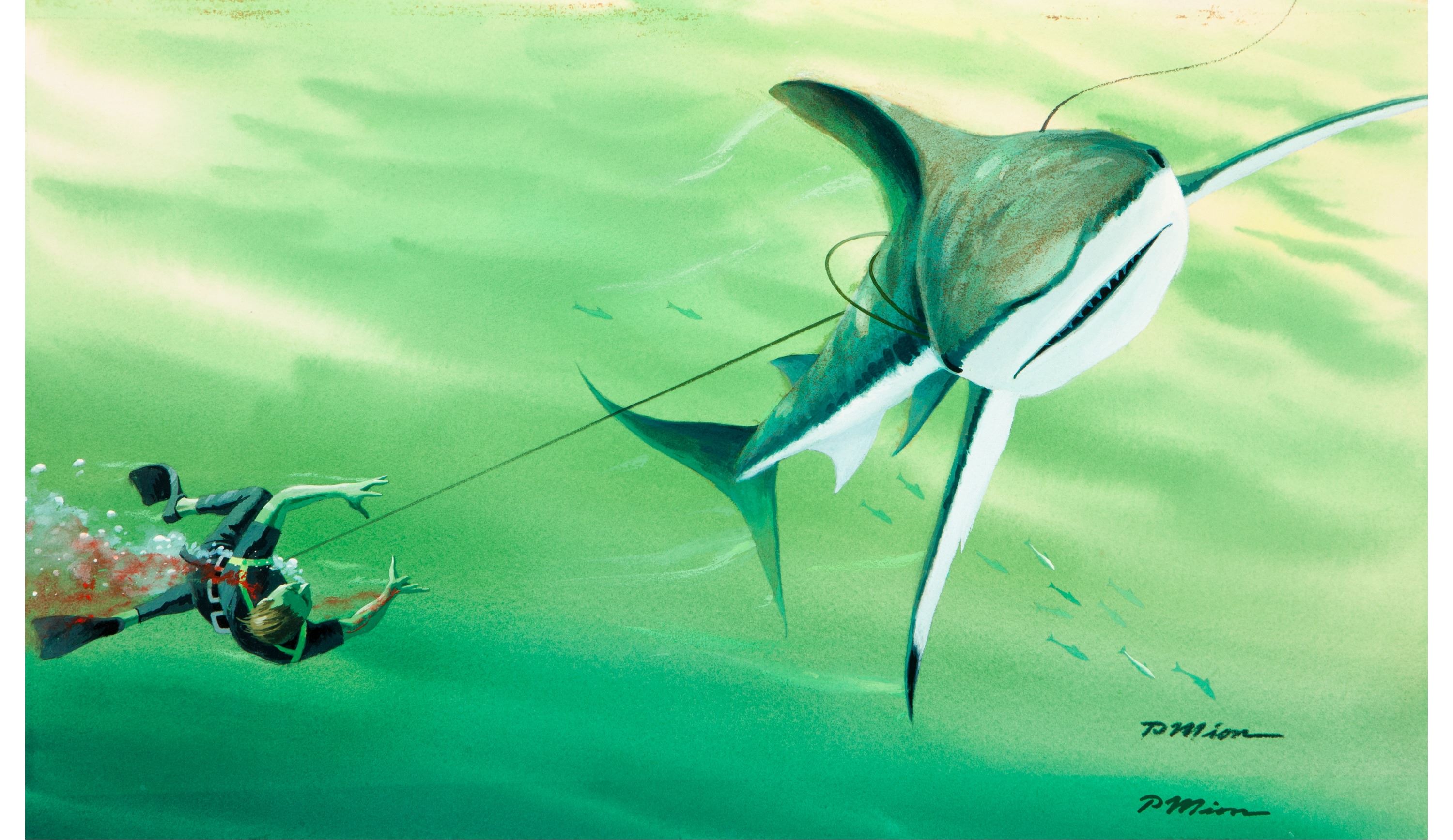 Artwork by Pierre Mion, Attacked By A Killer Shark, Reader's Digest interior illustration, Made of Watercolor on board