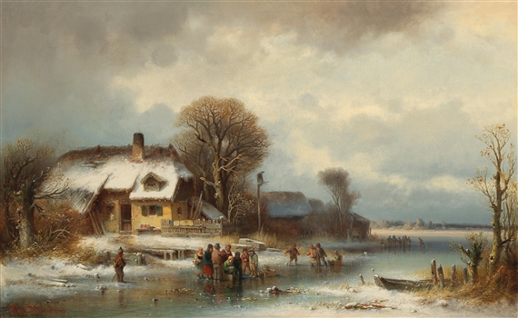 Winter landscape with ice skaters by Anton Doll
