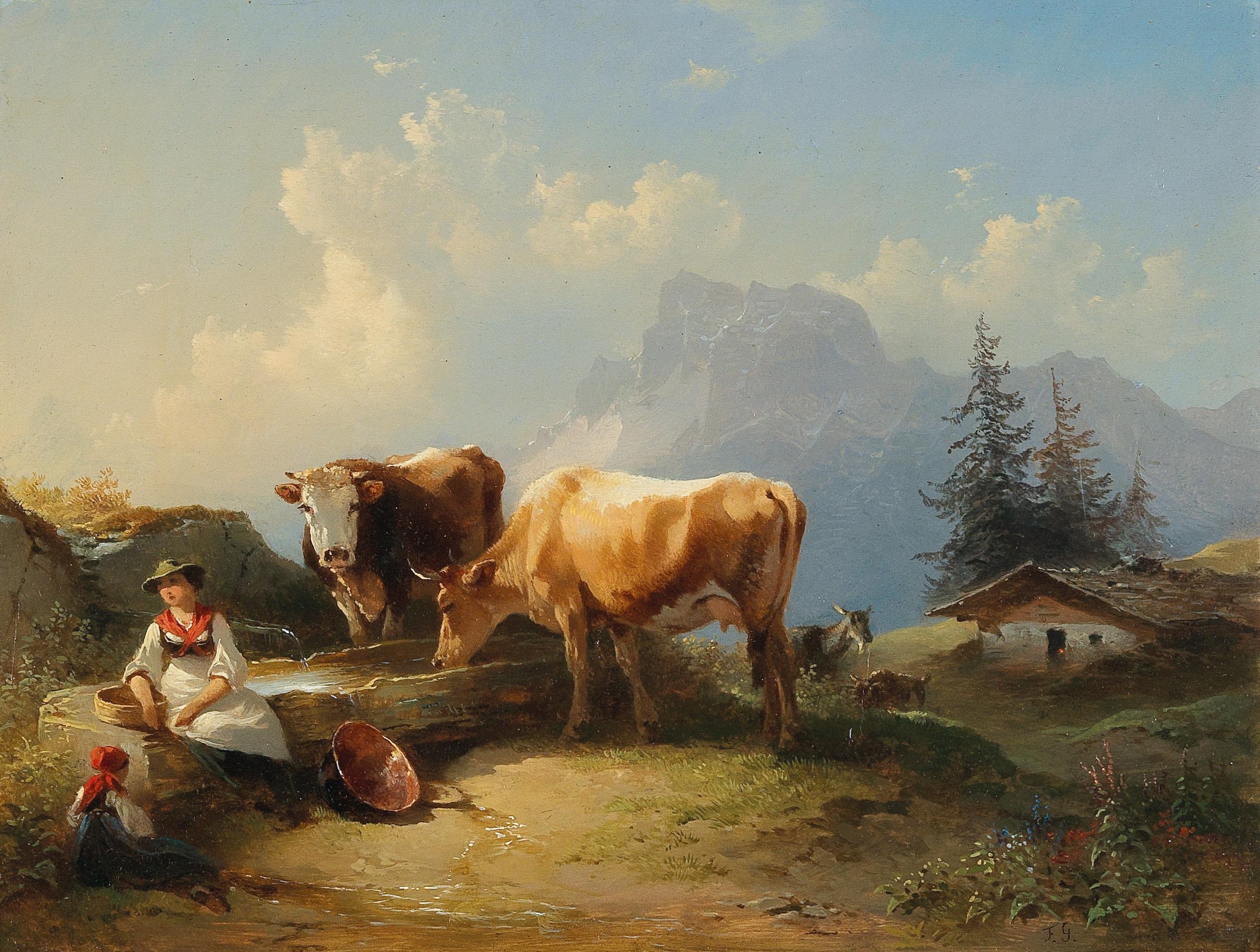 Artwork by Friedrich Gauermann, Dairymaid with girl and two cows on the Gra...