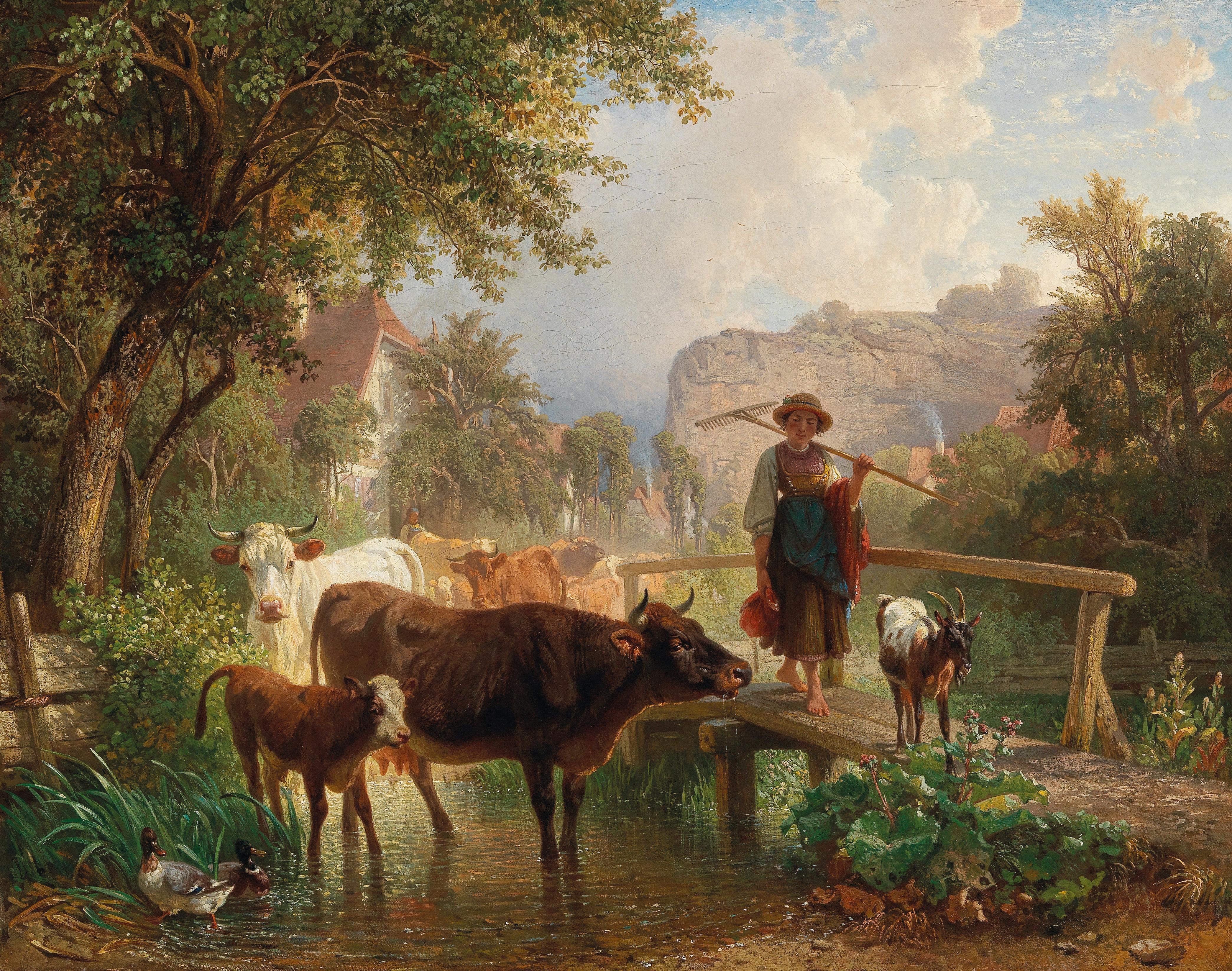 Artwork by Friedrich Voltz, A farmgirl and cattle by a cool creek, Made of ...