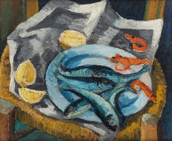 Still Life with Fish and Lemons oil on board by Maria-Mela Muter